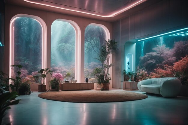 Mala habitación digital futurista con vistas holográficas de la naturaleza en las paredes