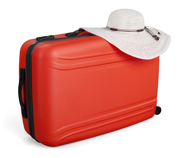 Foto mala vermelha com um chapéu de sol no topo