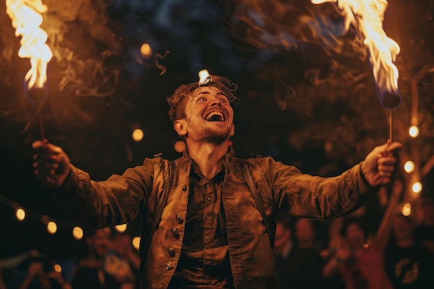 Un malabarista hábilmente lanzando y atrapando antorchas en llamas con una gran sonrisa cautivando a los espectadores con hazañas atrevidas