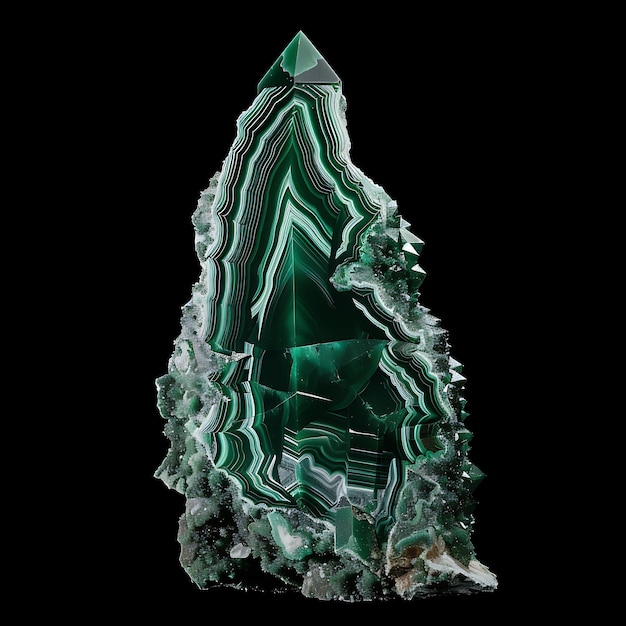 Malachit-Kristall-Stalaktit mit spitz dreieckiger Form G Isolierter Gegenstand Sauber, leerer Hintergrund