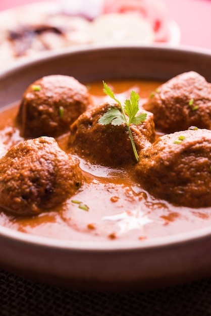 Malai Kofta Curry - klassisches nordindisches Gericht. vegetarische Alternative zu Frikadellen serviert mit Tandoori Roti oder indischem Brot und grünem Salat, selektiver Fokus