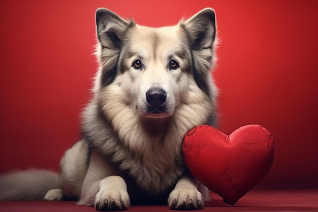 El malamute de Alaska con el corazón rojo