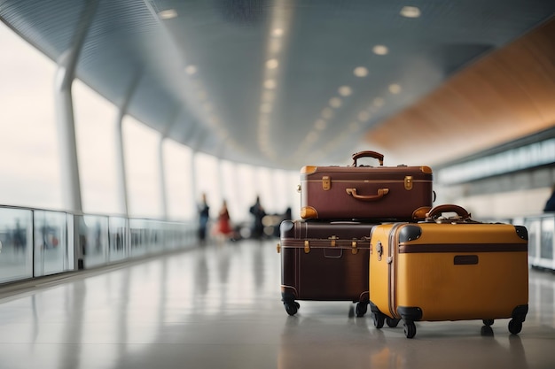 Foto malas de bagagem no aeroporto bandeira larga com área de espaço de cópia para férias e viagens de férias