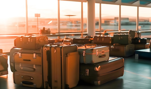 Malas de passageiros e bagagem empilhadas em um aeroporto ao pôr do sol Generative ai