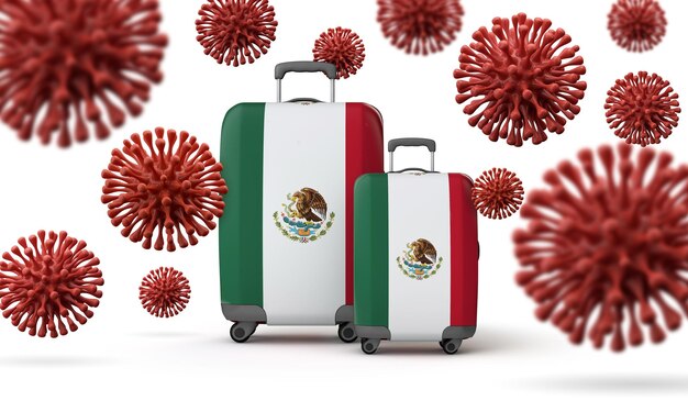 Malas de viagem de bandeira do México com renderização em 3D de coronavírus