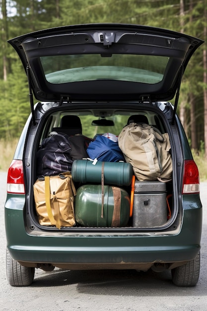 Malas e bolsas no porta-malas do carro prontas para partir para férias