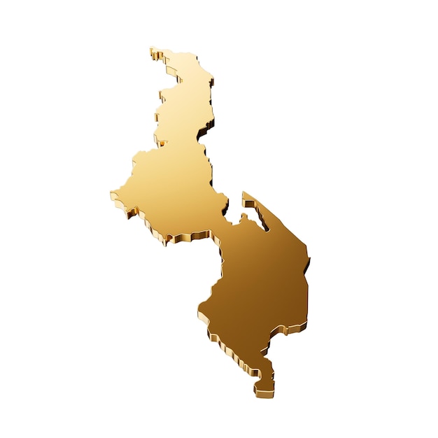 Malawi-Goldmetallic-Karte isoliert auf weißem Hintergrund, 3D-Illustration