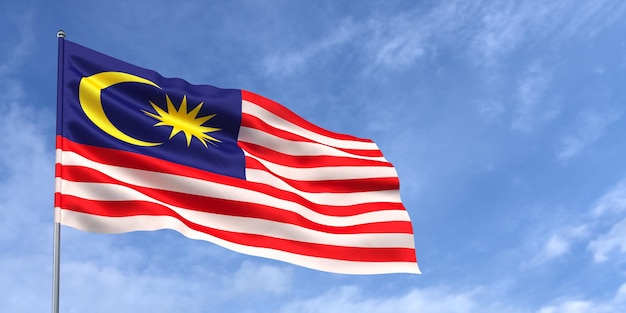 Malaysia-Flagge am Fahnenmast auf blauem Himmelshintergrund Malaysische Fahnenschwingen im Wind auf dem Hintergrund des Himmels mit Wolken Platz für Text 3D-Darstellung