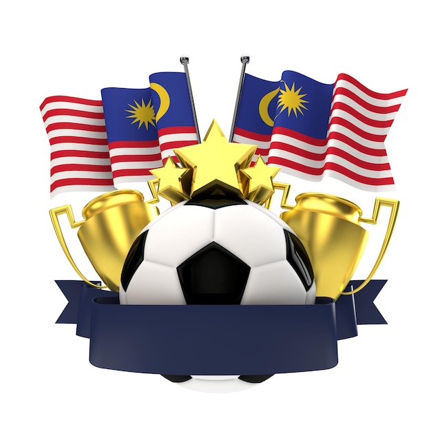 Malaysia-Flaggen-Fußballsieger-Emblem mit Trophy-Stars-Ball und Band 3D-Rendering