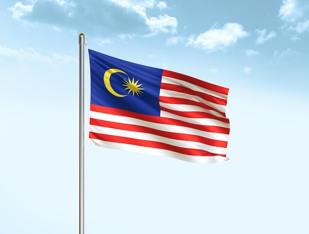 Malaysia Nationalflagge weht im blauen Himmel mit Wolken Malaysia Flagge 3D-Darstellung