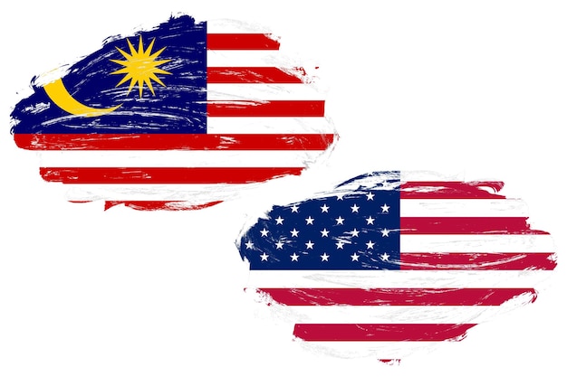Malaysia und die Vereinigten Staaten kennzeichnen zusammen auf einem weißen Pinselstrichhintergrund