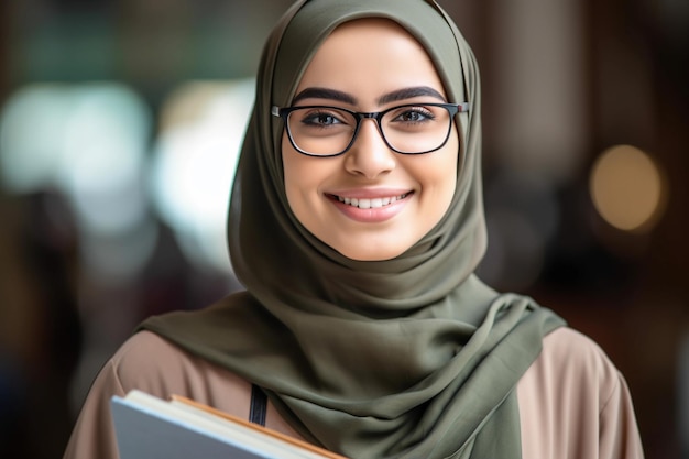 Foto malaysische lehrerin im hijab trägt glases mit schulklassen-hintergrund und hält ein buch