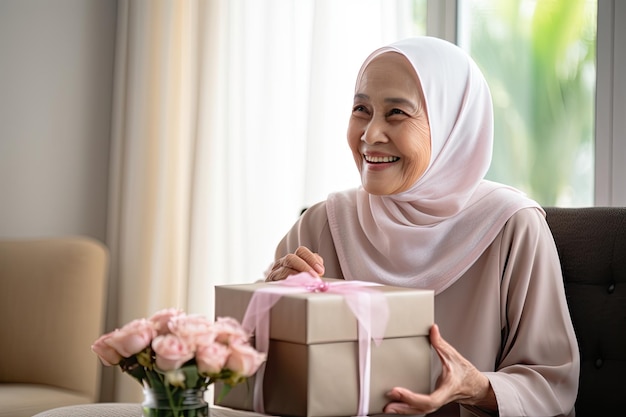 Malaysische Seniorin hält Geschenkbox