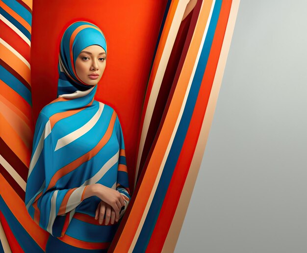 Malaysisches Mädchen mit Hijab in blauem und orangefarbenem Gewand