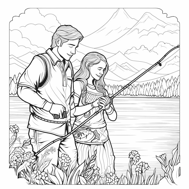 Malbuch für Erwachsene 2 Personen angeln im Zeichentrickfilm-Stil schwarz-weiß