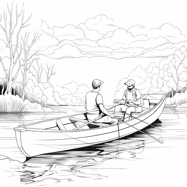 Foto malbuch für erwachsene 2 personen auf einem ruderboot cartoon-stil schwarz und e