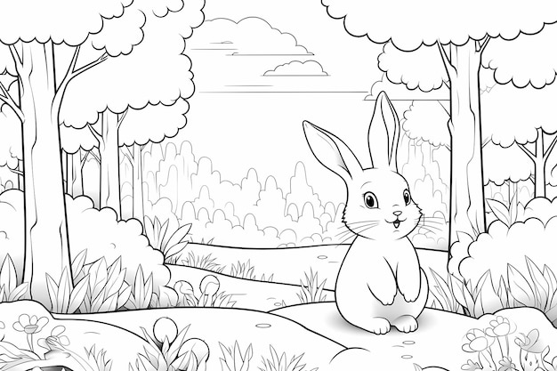 Malbuch für Kinder, magischer Wald mit zauberhaftem niedlichem Kawai-Kaninchen