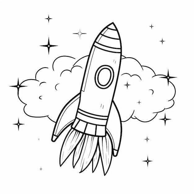 Malbuch für Kinder, süßes Raketenschiff, Raumschiff im Weltraum, schwarz-weiß, einfache Strichzeichnungen