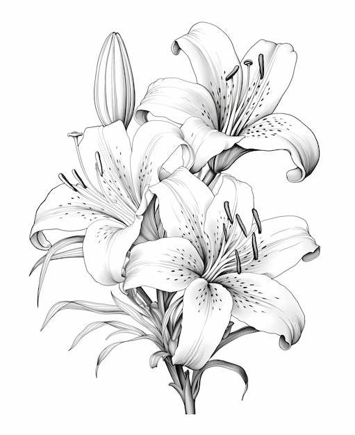 Foto malbuchseiten für kinder lilien strichzeichnungen schwarz und weiß