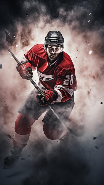 El maldito jugador de hockey en uniforme rojo emerge