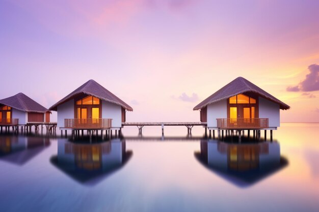 Maldivas bungalows com vista para o mar no pôr-do-sol na praia