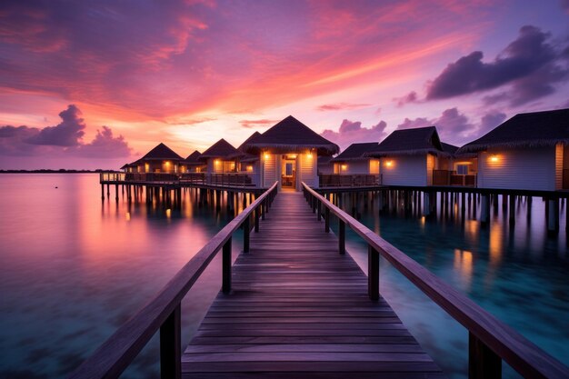 Maldivas em um resort na ilha ao pôr-do-sol