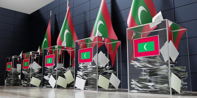 Malediven mehrere Wahlurnen und Flaggen, Wahlkonzept 3D-Illustration