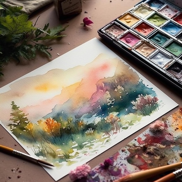 Malen einer Landschaft mit Aquarellfarben und Pinsel auf einem Tisch mit generativer KI