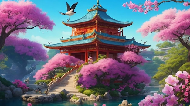 Malen Sie ein lebendiges Bild eines asiatischen Schlosses mit einem ruhigen Garten, bunten Blumen und singenden Vögeln
