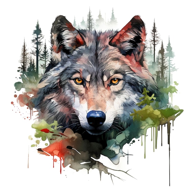 Malen von Wolfskopf im Wald auf sauberem Hintergrund Png für Sublimation Druck druckbare Kunst Wildtiere Illustration Generative KI