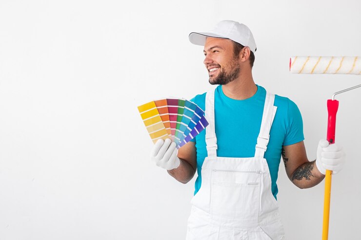 Maler, der bunte Paletten hält