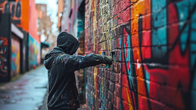 Maler sprüht Farbfarbe auf die Wand