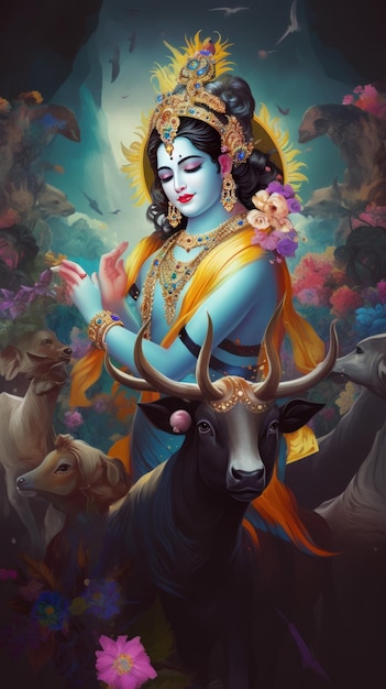 Malerei der blauen Haut des Krishna-Gottes mit Blumen generative KI