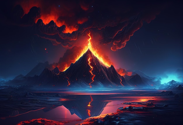 Malerei der Nachtlandschaft mit generativer vulkanischer Illustration AI