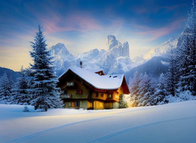 Malerei der Winterskifahren-Weihnachtsgebirgshäuschenszene in der schönen Landschaft in den Alpen