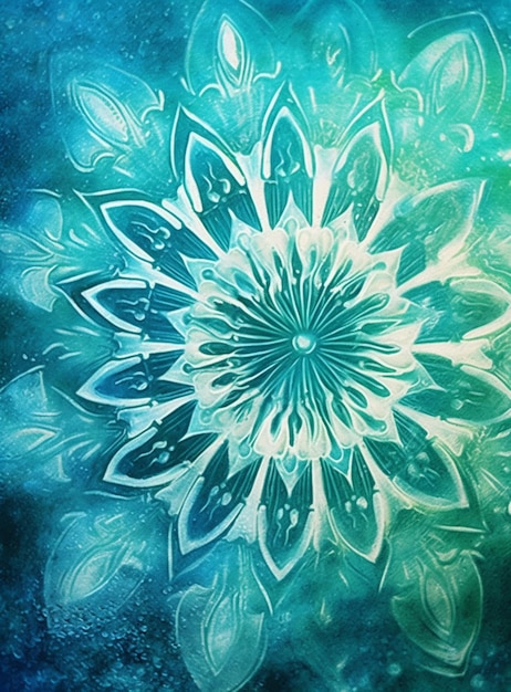 Malerei einer blauen und grünen Blume mit Blättern auf blauem Hintergrund, generative KI