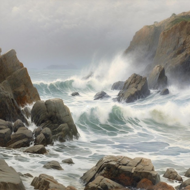 Malerei einer felsigen Küste mit Wellen, die gegen die Felsen schlagen, generative KI