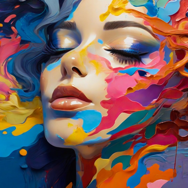 Malerei einer Frau mit geschlossenen Augen aus bunten Wirbeln abstrakter Kunsthintergrund