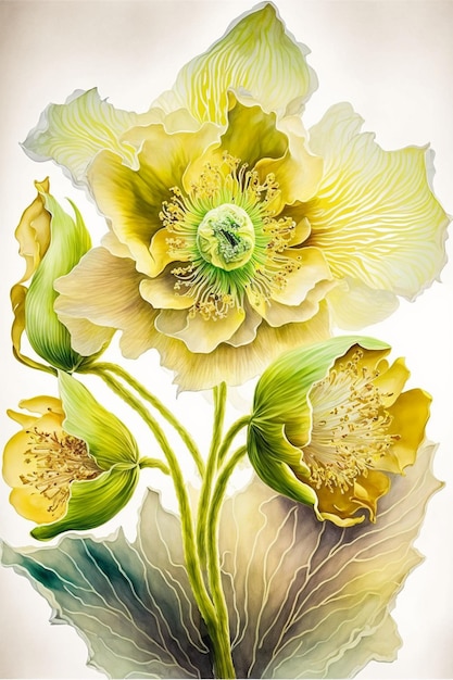 Malerei einer gelben Blume mit grünen Blättern generative KI