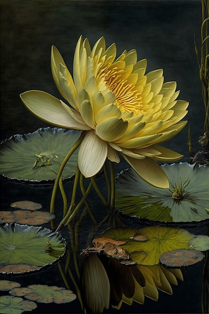 Malerei einer gelben Seerose in einem Teich, generative KI