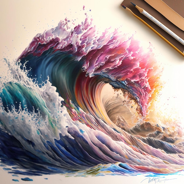 Malerei einer großen Welle mit einem regenbogenfarbenen Spritzer generativ ai