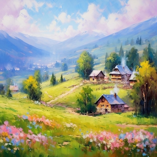 Malerei einer ländlichen Landschaft mit einer Bergkette im Hintergrund, generative KI
