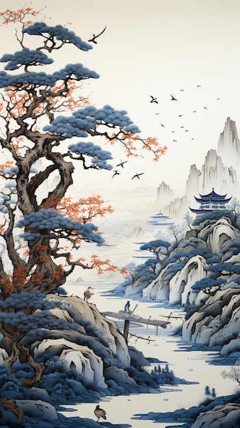 Malerei einer Landschaft mit einem Fluss und einer Pagode in der Ferne generative ai