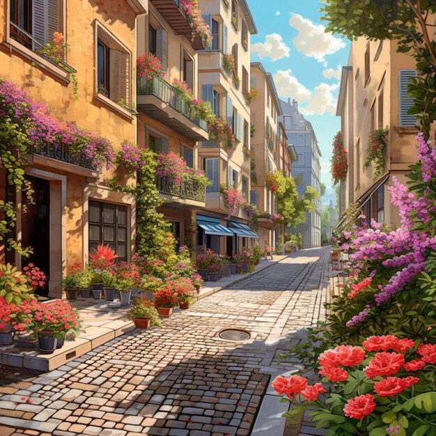 Malerei einer Straße mit Blumen und Gebäuden im Hintergrund generative KI