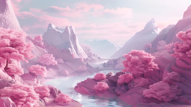 Malerei einer traumhaften Landschaft mit rosa Wasserbergen und Steinen in 3D