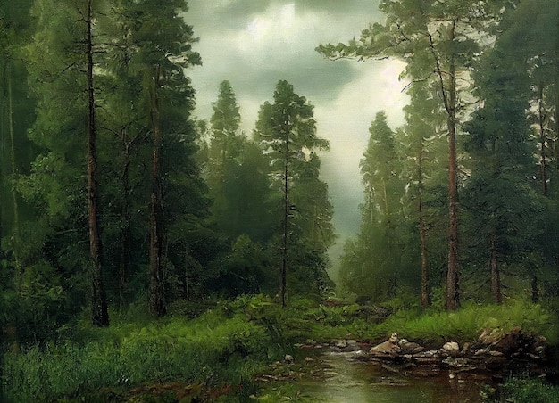 Malerei eines Baches in einem Wald mit Bäumen und Felsen generative KI