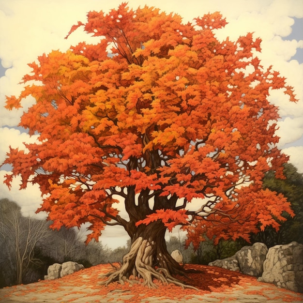 Malerei eines Baumes mit orangefarbenen Blättern und Wurzeln in einem Feld generativ ai
