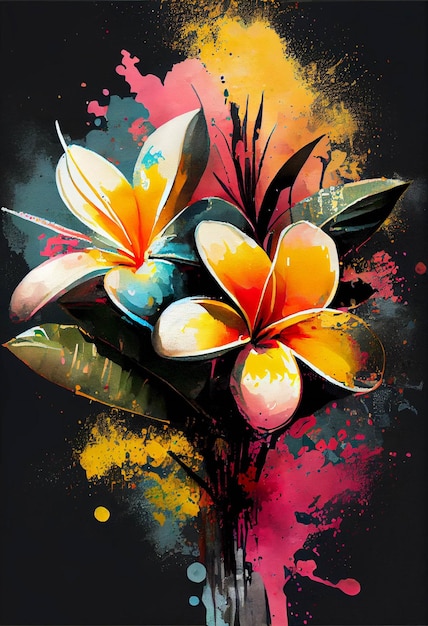 Malerei eines Blumenstraußes auf schwarzem Hintergrund, generative KI