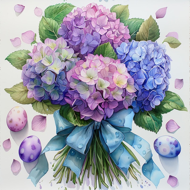 Malerei eines Blumenstraußes mit blauem Band und Eiern generativ ai