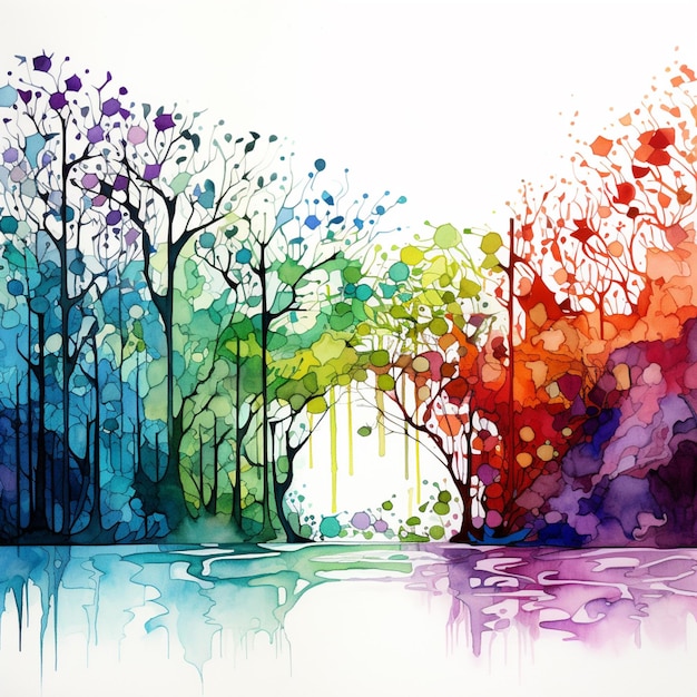 Malerei eines bunten Waldes mit einem See und Bäumen generative ai